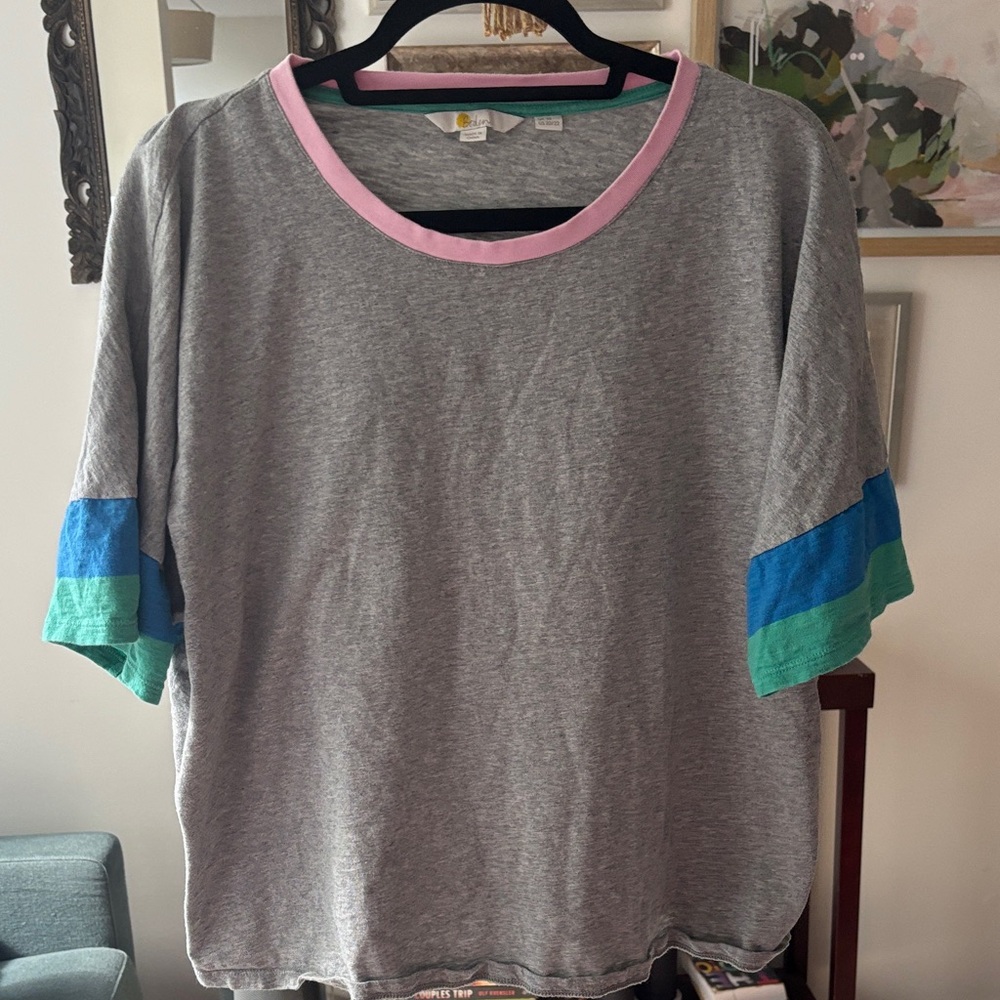 Boden Gray T-Shirt with Pink, Black, and Green Trim